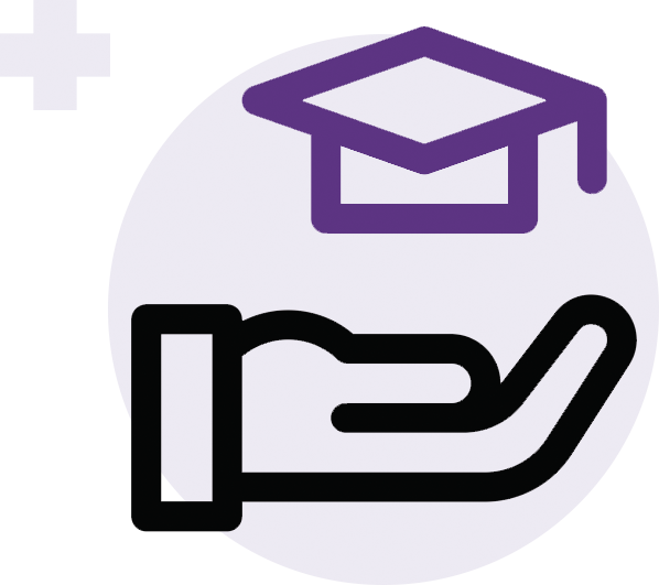 Illustration of a hand holding a purple graduation cap representing kids in schools